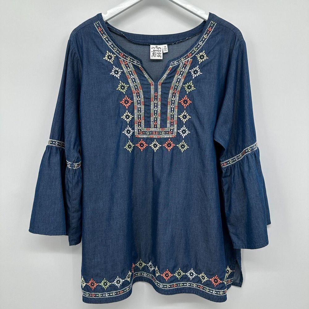 Parsley & Sage Tunic Top Shirt‎ 1X Embroidered Chambray Southwest Boho Country